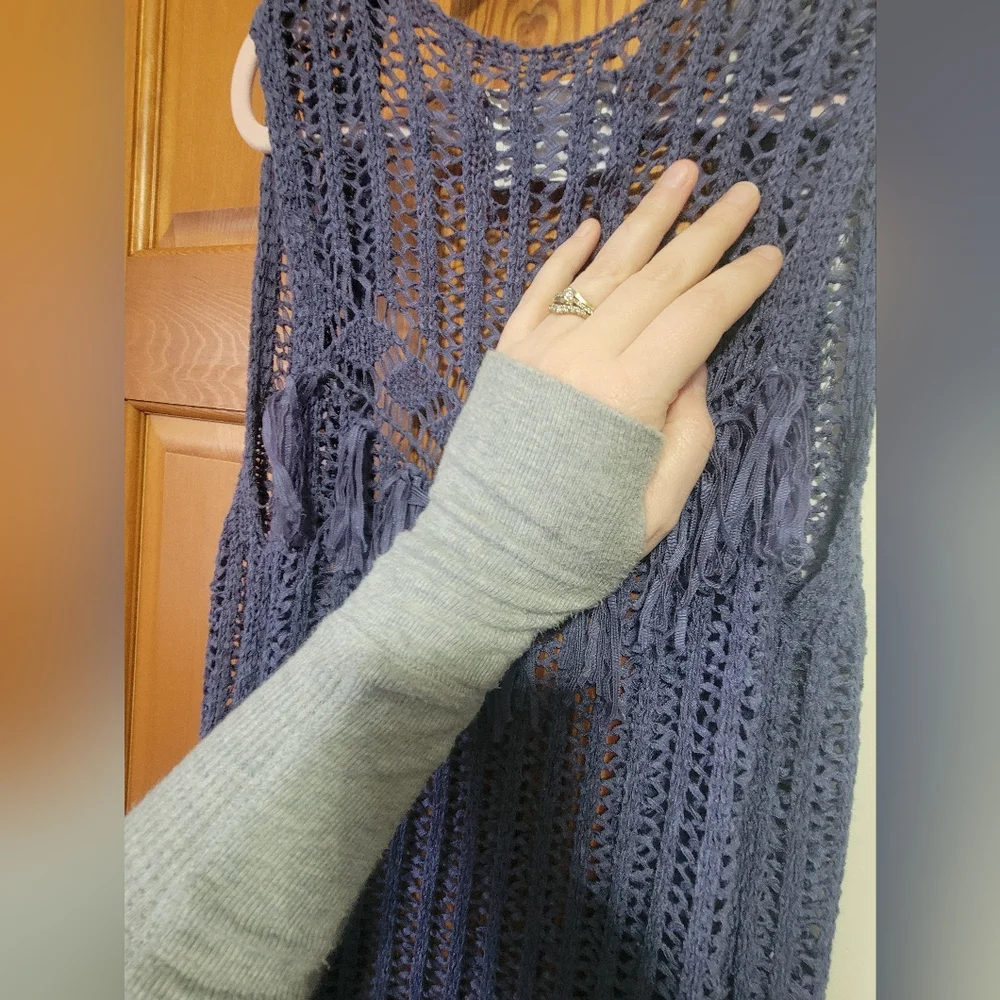 Girls Justice Long Crochet Knit Fringe Open-Front Vest Cardigan Dusty Blue 8/10